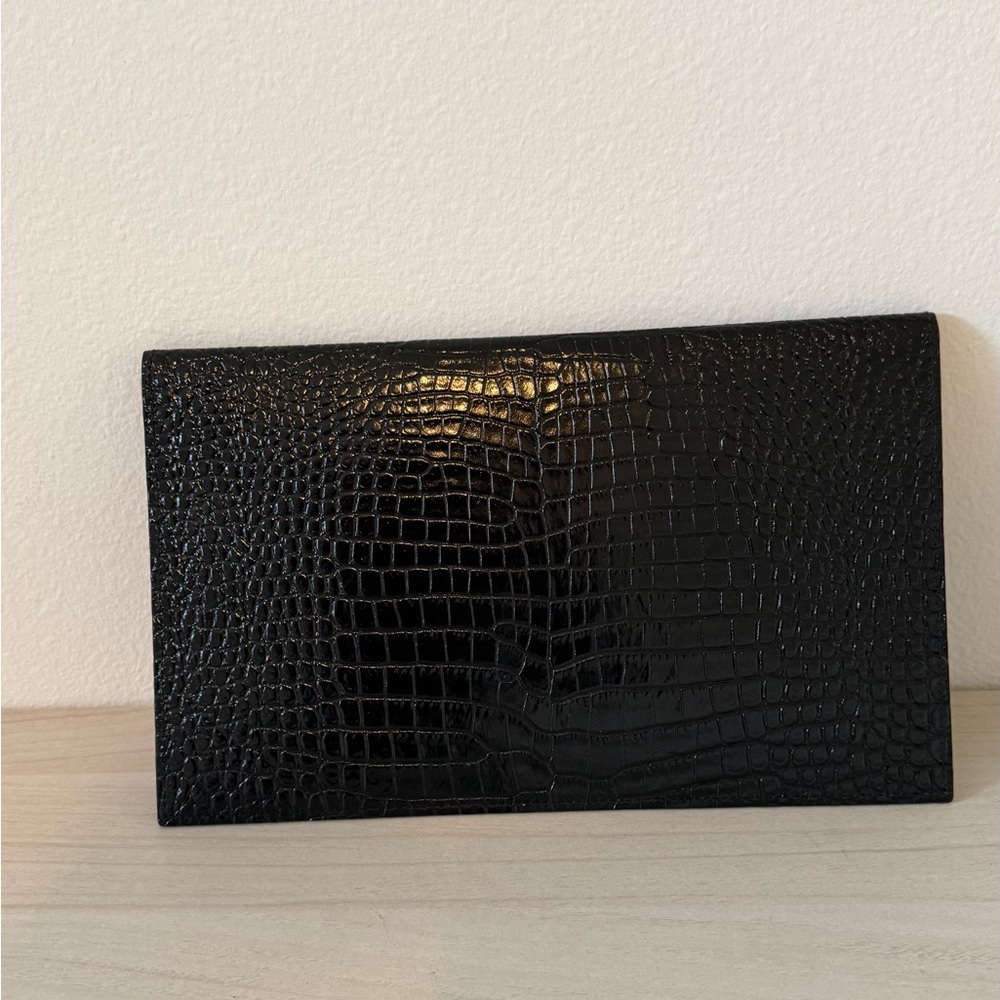 Saint Laurent Black Croc-Embossed Clutch with Gold YSL Logo - Picture 3 of 4